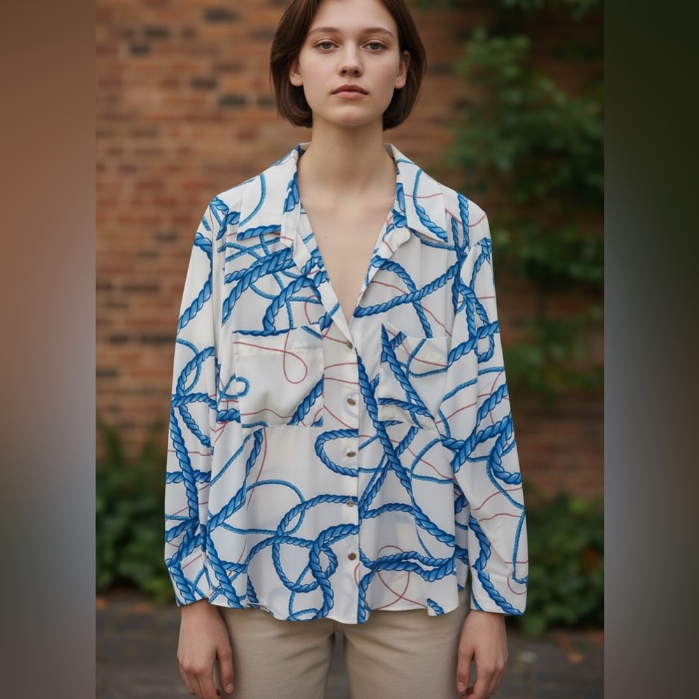 Zara White and Blue Rope Print Blouse